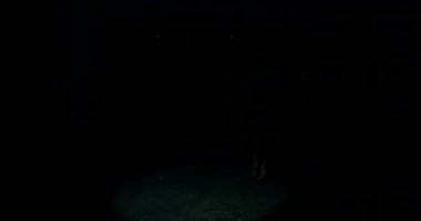 Parlak sahne ışıkları altında bir fitness bikini modeli yarışma sırasında fiziğini ve özgüvenini gösteren bir ışık demetine girer. Dramatik arka plan aydınlatma anı güçlendirir.