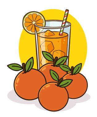 Bir portakal grubunun vektör çizimi ve bir bardak portakal suyu