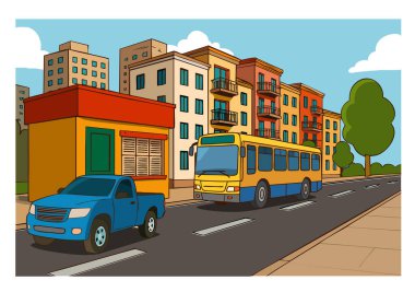 Bir sokak ve şehir görünümünün vektör illüstrasyonu