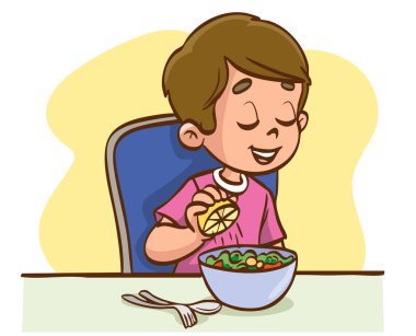 Salatalarına limon sıkan bir çocuğun vektör çizimi.