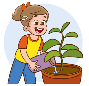 Çiçeği saksıda sulayan bir kızın vektör çizimi.
