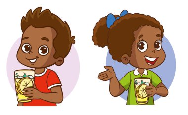 Tatlı çocuklar ferahlatıcı yaz limonatası, vektör illüstrasyonu içiyorlar.