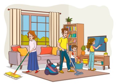 Mutlu aile birlikte evi temizliyor, ebeveynler ve çocuklar sıcak bir evde ev işlerini paylaşıyorlar.