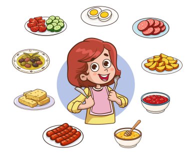 Çizgi film çocukları yemek yiyor.