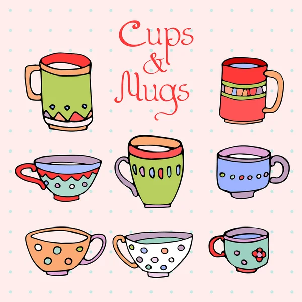 Set of 8 cute mugs and cups — Stock Vector