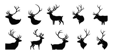 10 tane siyah geyik ve geyik kafası ve tüm vücut siluetleri.