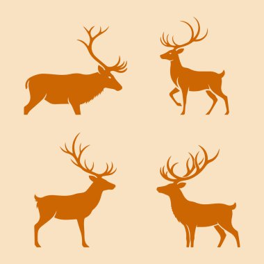 Dört adet stilize geyik ve kahverengi renkli geyik silueti.