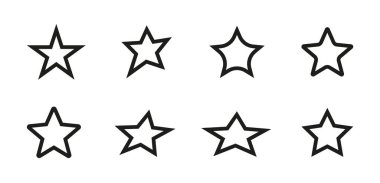 Temiz ve modern sekiz siyah çizgi yıldız ikonu seti. Minimalist web tasarımı, mobil uygulama arayüzleri, yer imi sistemleri ve basit dekoratif desenler için ideal.