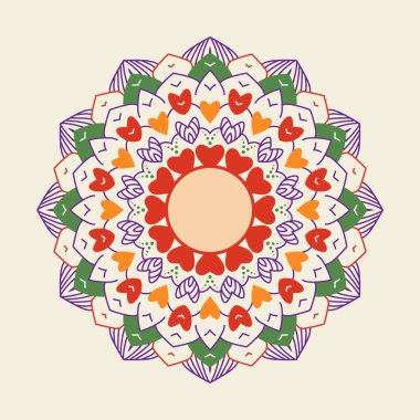 Colorful hearts in circular composition, Vector graphic art for decorative projects, backgrounds, patterns, posters, and textile prints. Abstract and unique heart round shaped image.