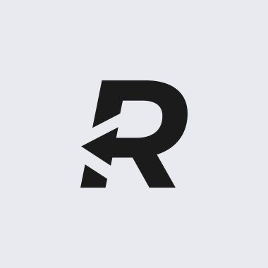 Harf R 'nin keskin monogramı ve minimalist siyah harfin içine yerleştirilmiş kalın bir sol işaret oku. Medya, yaratıcı ajanslar, teknoloji şirketleri ve spor markaları için ideal..