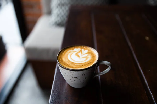 Grey Cup Hot Cappuccino Dark Wooden Desk Background Breakfast Time — Stock Photo, Image