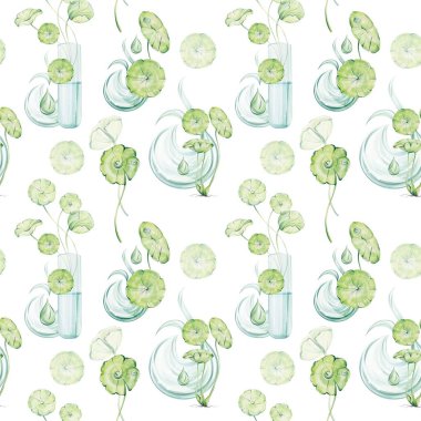 Centella asiatica, sulu boya, dikişsiz desen, kozmetik için gotik kola yaprakları. Bitkisel arka plan, yaşlanma önleyici kozmetik için organik ayurveda ilacı. Şişe, test tüpü, esans sıvısı, yağ