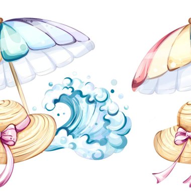 Renkli plaj şemsiyeleri, neşeli deniz dalgaları ve fiyonklu saman şapkalar gibi yaz elementlerinin canlı tasviri, bayram kutlamaları için neşeli ve davetkar bir atmosfer yaratıyor..