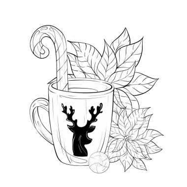 Sıcak bir içecek, canlı yapraklar ve şeker kamışlarıyla çevrili ren geyiği boynuzlarıyla süslenmiş bir kupada durur. Bu samimi sahne, kış toplantılarının ve şenlikli anların özünü yakalar.