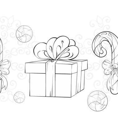 Kusursuz bir desen, şeker lolipopları ve dekoratif girdaplarla çevrili güzel düzenlenmiş bir hediye kutusuna sahiptir. Bu şenlik tasarımı tatil dekorasyonları, ambalaj kağıtları veya temalı el sanatları için idealdir.