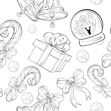 Tasarım, Noel hediyelerinin neşeli bir düzenlemesini içeriyor. Şeker kamışları ve kar küreleri pürüzsüz bir düzende. Bu şenlik tarzı tatil kartlarının paketlenmesi için uygun neşeli bir arkaplan oluşturuyor