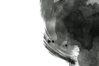 Soyut mürekkep arkaplanı. Mermer tarzı. Beyaz kağıda siyah boya dokusu. Ağ ve oyun tasarımı için duvar kağıdı. Grunge çamur sanatı. Kalem suyunun makro resmi. Koyu Smear