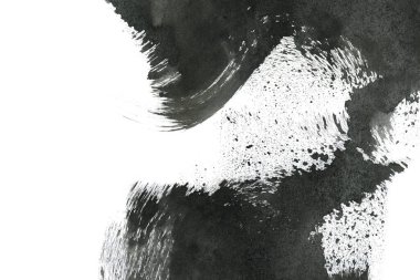 Soyut mürekkep arkaplanı. Mermer tarzı. Beyaz kağıda siyah boya dokusu. Ağ ve oyun tasarımı için duvar kağıdı. Grunge çamur sanatı. Kalem suyunun makro resmi. Koyu Smear