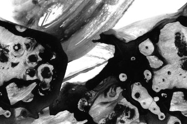 Soyut mürekkep arkaplanı. Mermer tarzı. Beyaz kağıda siyah boya dokusu. Ağ ve oyun tasarımı için duvar kağıdı. Grunge çamur sanatı. Kalem suyunun makro resmi. Koyu Smear