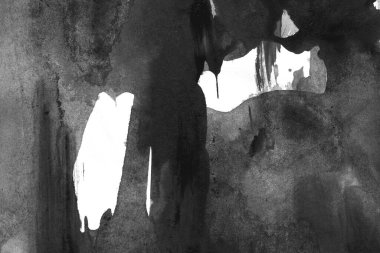 Soyut mürekkep arkaplanı. Mermer tarzı. Beyaz kağıda siyah boya dokusu. Ağ ve oyun tasarımı için duvar kağıdı. Grunge çamur sanatı. Kalem suyunun makro resmi. Koyu Smear