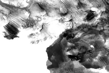 Soyut mürekkep arkaplanı. Mermer tarzı. Beyaz kağıda siyah boya dokusu. Ağ ve oyun tasarımı için duvar kağıdı. Grunge çamur sanatı. Kalem suyunun makro resmi. Koyu Smear