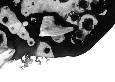 Soyut mürekkep arkaplanı. Mermer tarzı. Beyaz kağıda siyah boya dokusu. Ağ ve oyun tasarımı için duvar kağıdı. Grunge çamur sanatı. Kalem suyunun makro resmi. Koyu Smear