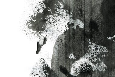 Soyut mürekkep arkaplanı. Mermer tarzı. Beyaz kağıda siyah boya dokusu. Ağ ve oyun tasarımı için duvar kağıdı. Grunge çamur sanatı. Kalem suyunun makro resmi. Koyu Smear