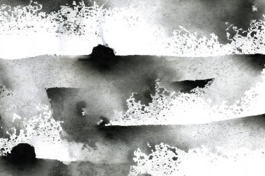 Soyut mürekkep arkaplanı. Mermer tarzı. Beyaz kağıda siyah boya dokusu. Ağ ve oyun tasarımı için duvar kağıdı. Grunge çamur sanatı. Kalem suyunun makro resmi. Koyu Smear