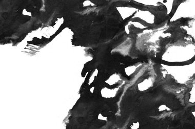 Soyut mürekkep arkaplanı. Mermer tarzı. Beyaz kağıda siyah boya dokusu. Ağ ve oyun tasarımı için duvar kağıdı. Grunge çamur sanatı. Kalem suyunun makro resmi. Koyu Smear