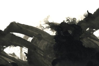 Soyut mürekkep arkaplanı. Mermer tarzı. Beyaz kağıda siyah boya dokusu. Ağ ve oyun tasarımı için duvar kağıdı. Grunge çamur sanatı. Kalem suyunun makro resmi. Koyu Smear