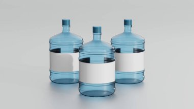 Su bidonu şişelerinin gerçekçi 3 boyutlu üretimi ambalaj, markalaşma, etiket tasarımı ve ürün sunumu için kavanoz şişeleri.