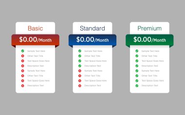 Pazarlama sayfaları, sunumlar ve iş siteleri için tasarlanmış yaratıcı fiyat tablosu bilgi vektör şablonu.