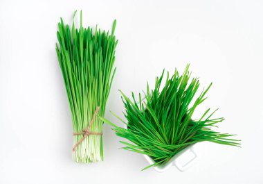 Beyaz arkaplanda yeşil buğday çimi.