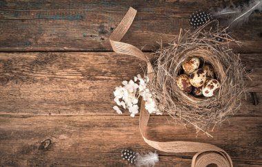 Doğal bir kuşun bıldırcın yumurtaları, çiçekler ve ahşap bir arka planda bir kurdele ile yuvalanır..