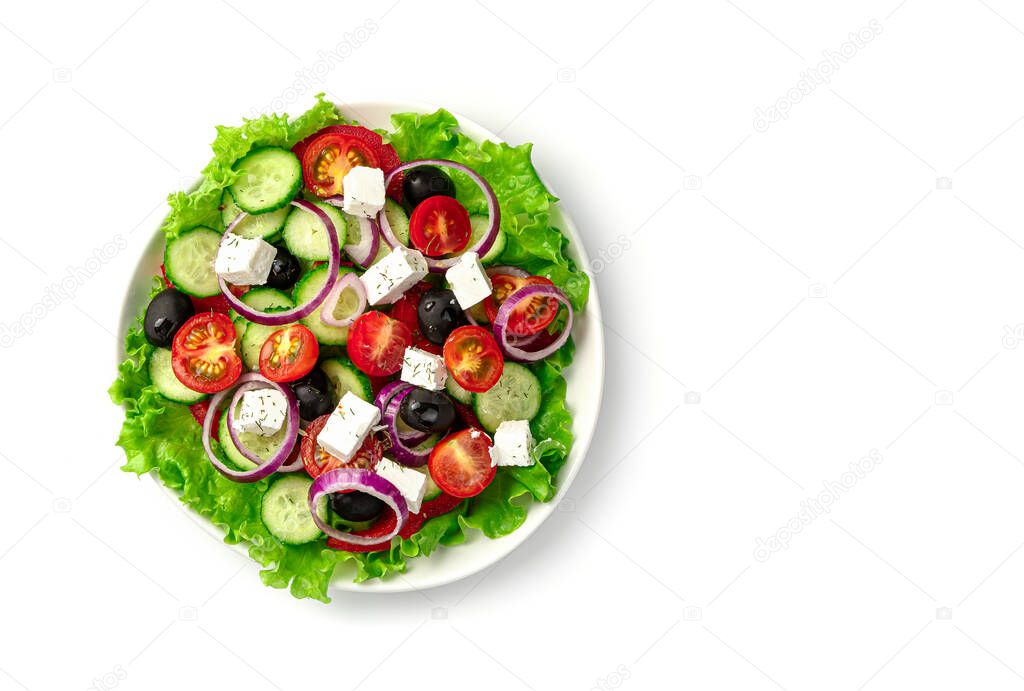 Fresh vegetable salad with olives, and cheese isolated on a white background. The concept of vegetarian dishes.