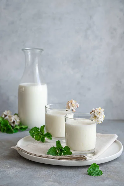 Milk drink made of yogurt, milk and water on a gray background. Healthy for digestion drinks.