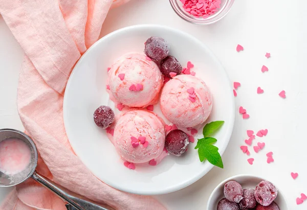 Fruit Cream Ice Cream Frozen Cherries Light Background Top View — Stock Photo, Image