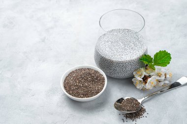 Gri bir zemin üzerinde Chia tohumlu puding ve sebze sütü, yanında da fincanla çekirdek. Yan görünüm, boşluk kopyala.