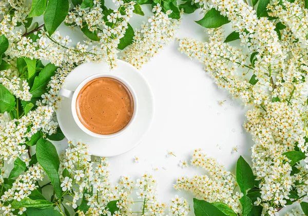 Kwiatowe Tło Filiżanką Kawy Wśród Gałęzi Kwiatami Białym Tle Widok — Zdjęcie stockowe