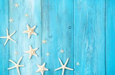 Açık mavi arka planda deniz yıldızı, kopyalamak için boşluk. Üst görünüm, yatay.