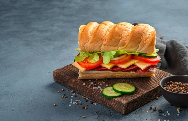 Koyu Mavi Arka Planda Sosisli Domatesli Peynirli Hıyarlı Sandviç Fast — Stok fotoğraf
