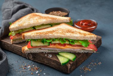 İki sandviç, sebzeli, marullu, jambonlu ve peynirli, mavi-gri arka planda..