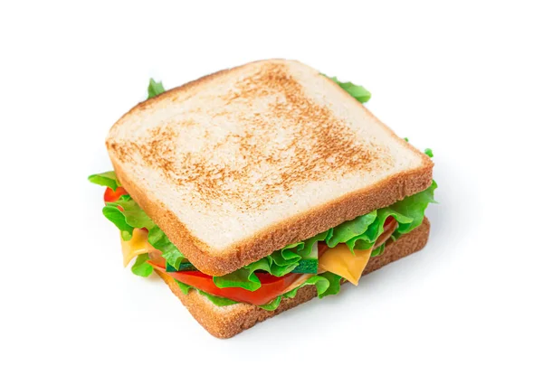 Sandwich with cheese, turkey and fresh vegetables on a white background. — Stock Photo, Image