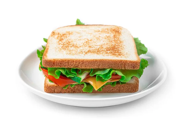 Panino con prosciutto, formaggio, verdure e insalata in un piatto su fondo bianco. — Foto Stock