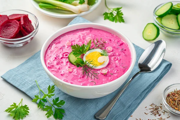 Sopa de remolacha fría con pepino, huevo y hierbas frescas sobre un fondo gris. — Foto de Stock