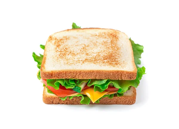 Sandwich mit Schinken, Käse und Gemüse isoliert auf weißem Hintergrund. — Stockfoto