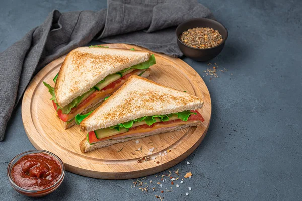 Kızarmış ekmek, jambon, peynir ve sebzeli iki sandviç.. — Stok fotoğraf