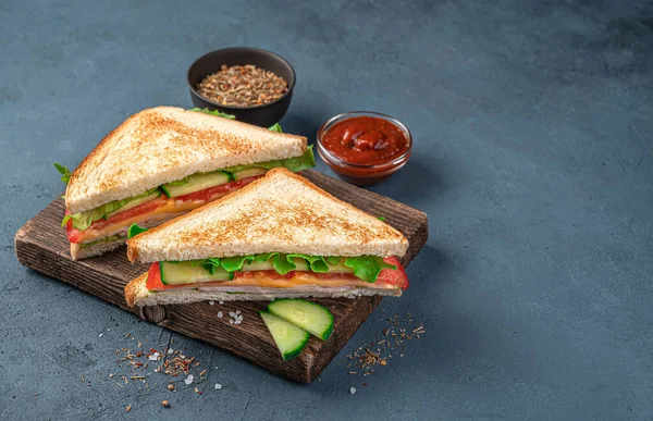 Club Sandwiches Ham Cheese Fresh Vegetables Dark Blue Background Sauce — Stock Photo, Image