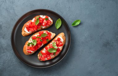 İtalyan aperatifi, domatesli bruschetta, gri-mavi arka planda peynir ve fesleğen. Üst görünüm, boşluğu kopyala. Domatesli kızarmış ekmek..