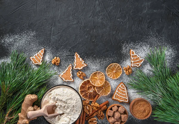 Ginger Cookies Ingredients Pine Branches Black Background Christmas Background Top — Stock Photo, Image